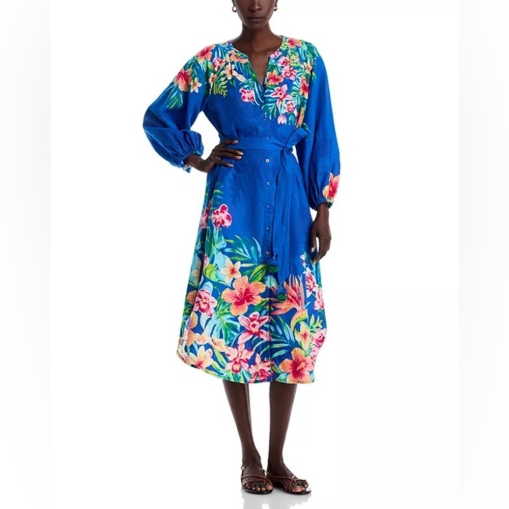 Tommy Bahama Coastalina Tropi-Flore Linen Midi Shirt Dress Medium Floral Blue